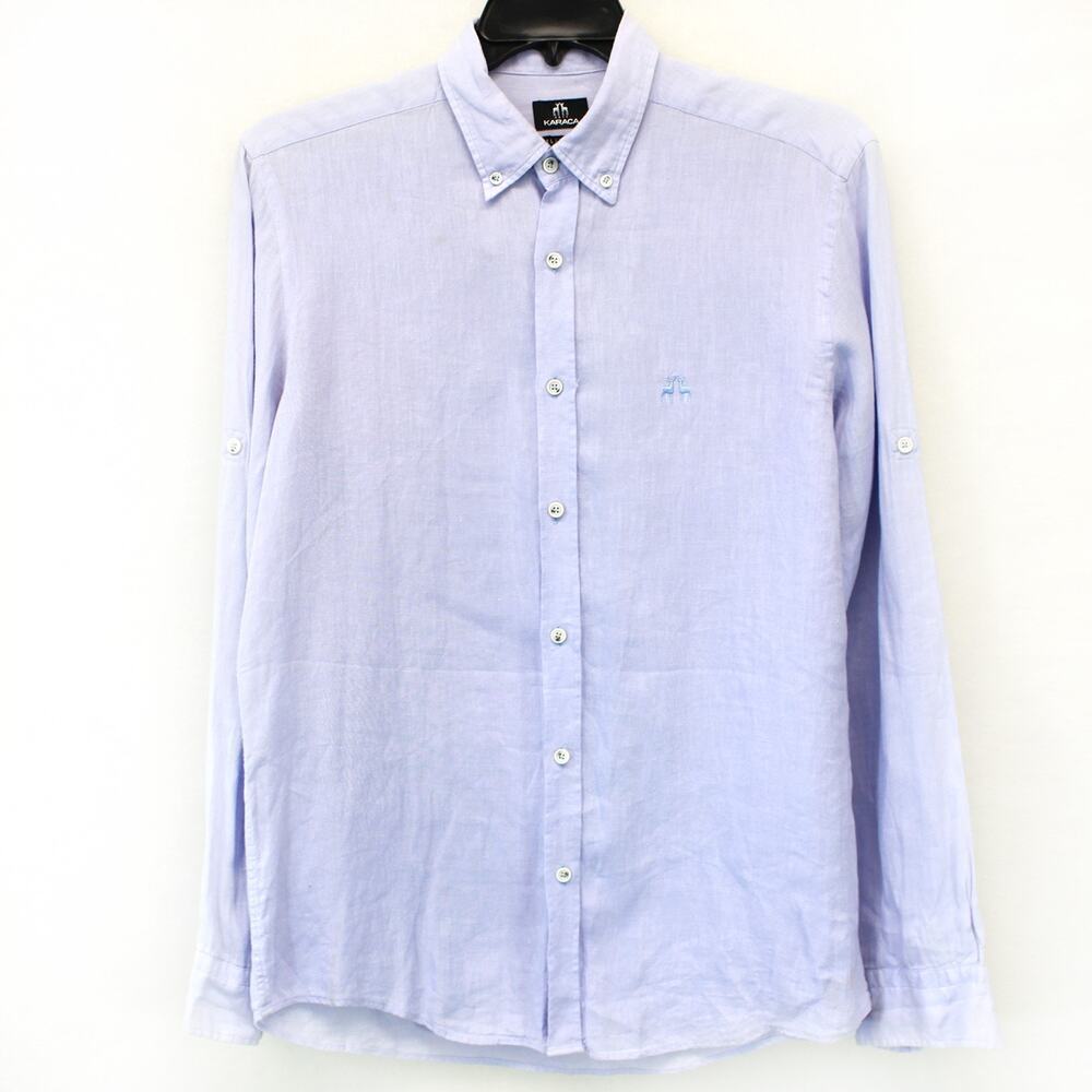 Karaca Slim Fit Blue 100% Linen Men's Polo Shirt Logo Casual Button-Up Size 40